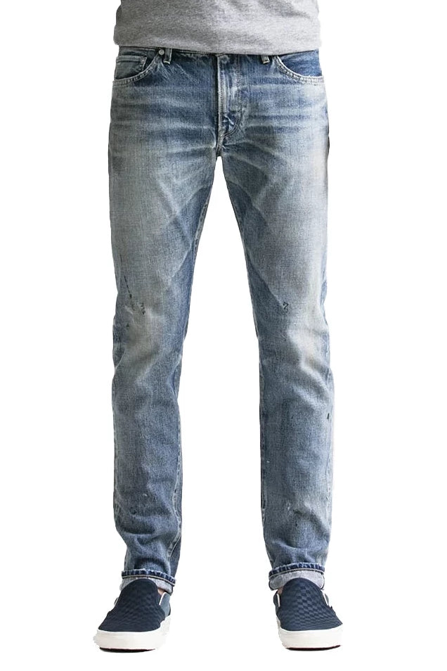 S.M.N Studio's Mercer in Emerson Men's Jeans - Slim Fit Light vintage washed 100% Japanese Cotton selvedge denim with fading and splattering to create a truly workwear inspired pair