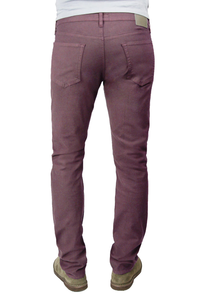 Back of S.M.N Studio's Hunter in Maroon Men's Twill Pants - A slim fit comfort stretch twill pant in a darker maroon color 