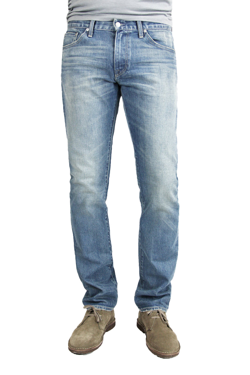 S.M.N Studio's Bond in Western Men's Jeans - Slim Straight Comfort Stretch Denim in vintage light wash denim contrasted with light fading and whiskering