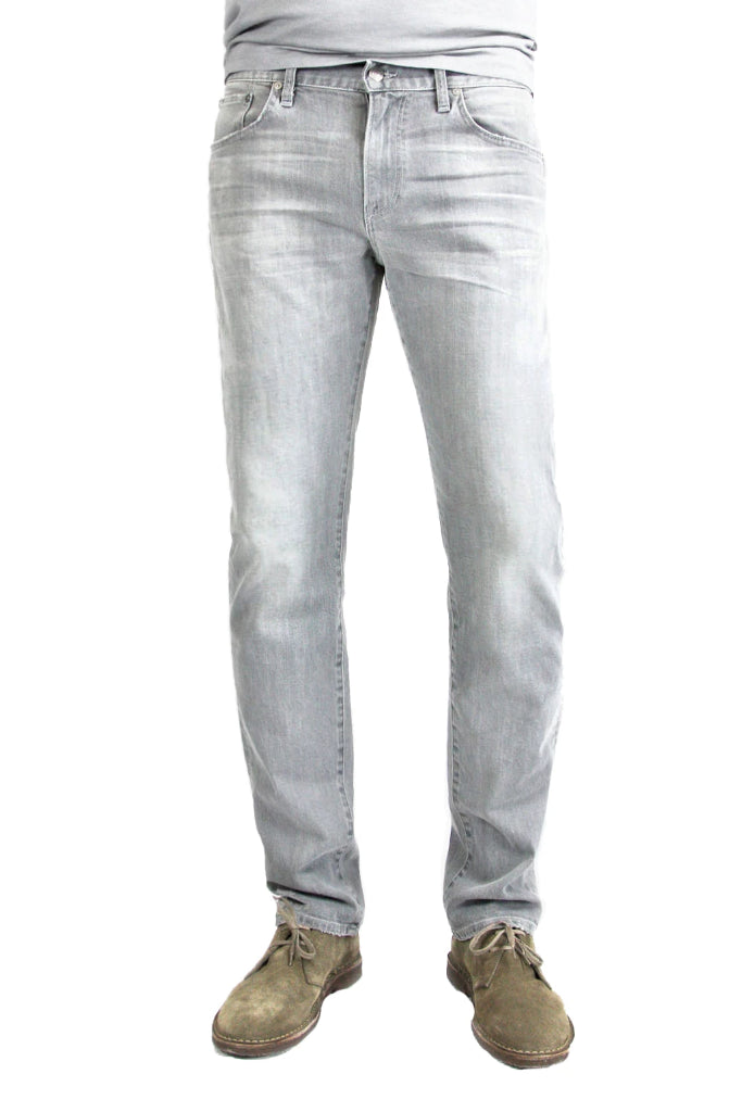 S.M.N Studio's Hunter in Owen - Men's slim fit jeans made with a comfortable stretch and in a lighter grey wash also contrasted with fading, 3D whiskers, and honeycombs
