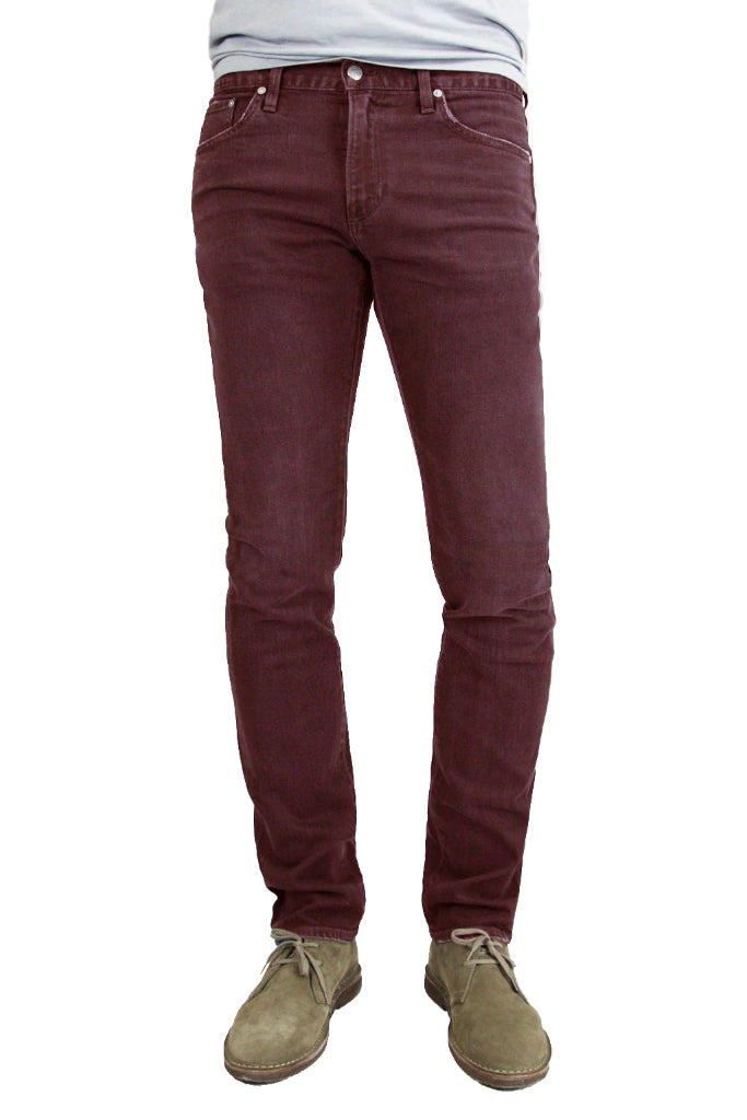 S.M.N Studio's Finn in Burgundy Men's Jeans - Tapered slim fit jean made in a premium comfort stretch Japanese denim and overdyed in a deep burgundy