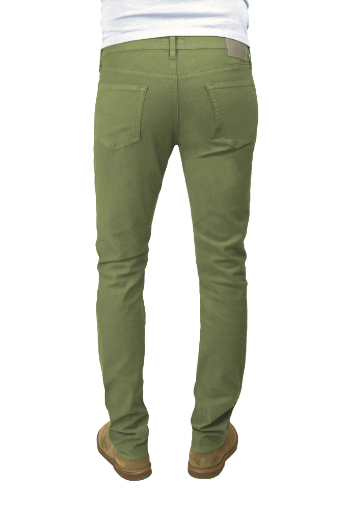 Back of S.M.N Studio's Hunter in Army Green Men's Twill Jeans. A slim stretch comfort twill pant in an army green color 