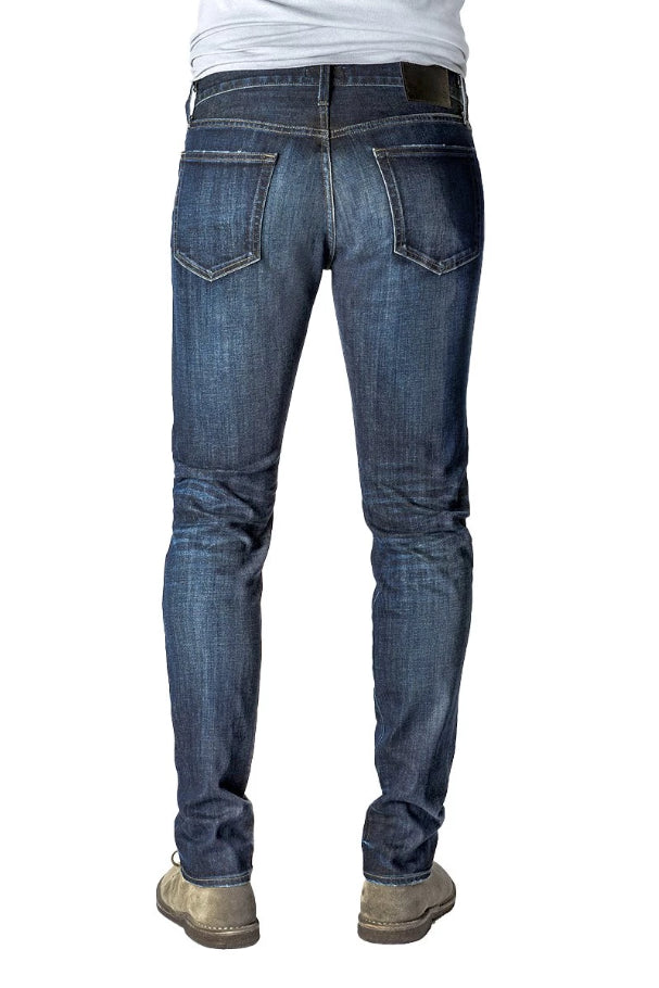 Back of S.M.N Studio's Hunter in Bristol Men's Jeans - Slim fit dark denim wash finished with light contrast fading with 3d whiskering accents