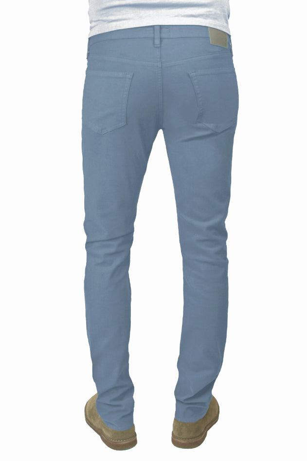 Back of S.M.N Studio's Hunter in Sky Men's Twill Pants. A slim fit comfort stretch twill pant made up in a light blue grey color. 