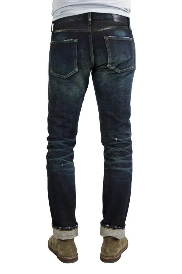 Back of S.M.N Studio's Mercer in Deliverance Men's Jeans - A vintage inspired dark washed slim fit jean made in 100% Japanese cotton selvedge with fading and rips