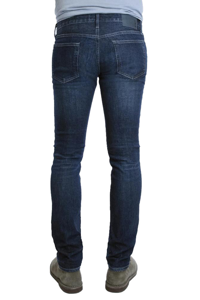 Back of S.M.N Studio's Hunter in Maxwell Men's Jeans - Slim fit jean in dark washed comfort stretch premium Japanese denim with light fades, whiskering and honeycombs, to contrast against dark wash