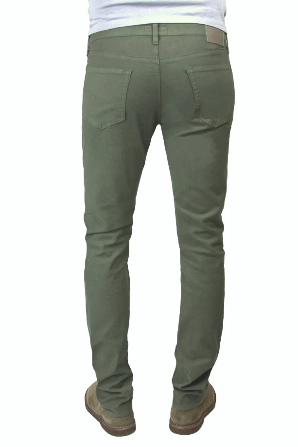 Back of S.M.N Studio's Hunter in Dark Moss Men's Twill Pants. A slim stretch comfort twill pant in a dark moss color 