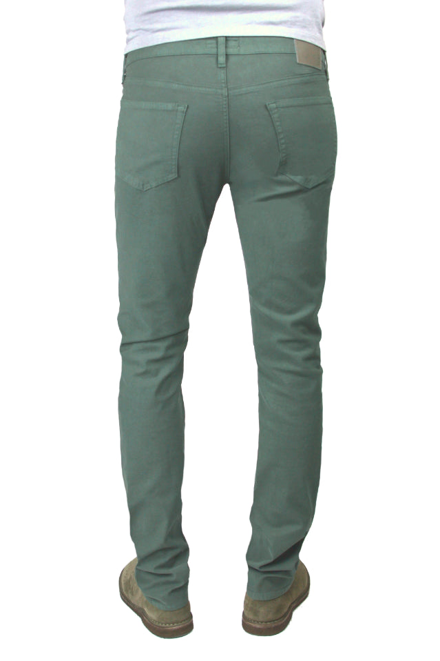 Back of S.M.N Studio's Hunter in Thyme Men's Twill Jeans. A slim comfort stretch twill pant in a muted green color 