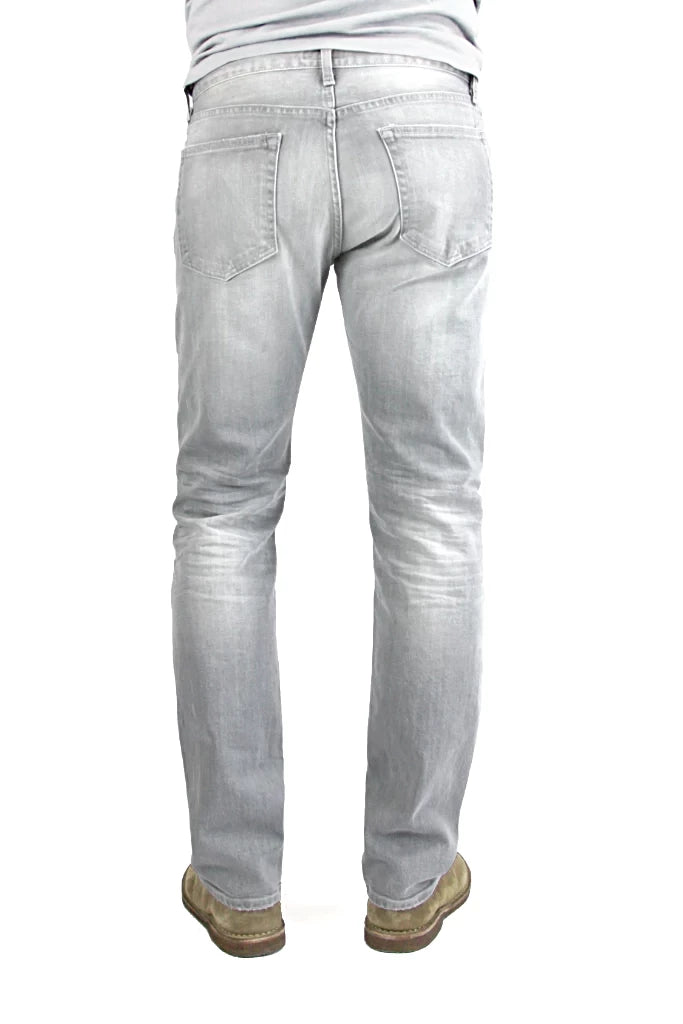 Back of S.M.N Studio's Bond in Owen Men's Jeans - Slim Straight comfort stretch Jean in a light grey wash denim