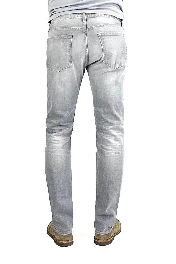 Back of S.M.N Studio's Hunter in Owen - Men's slim fit jeans made with a comfortable stretch and in a lighter grey wash also contrasted with fading, 3D whiskers, and honeycombs