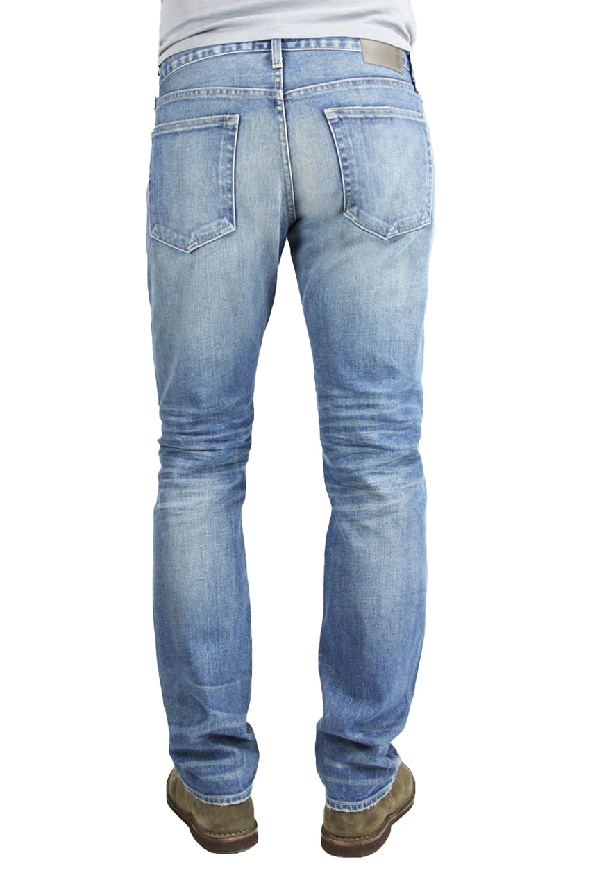 Back of S.M.N Studio's Bond in Western Men's Jeans - Slim Straight Comfort Stretch Denim in vintage light wash denim contrasted with light fading and whiskering