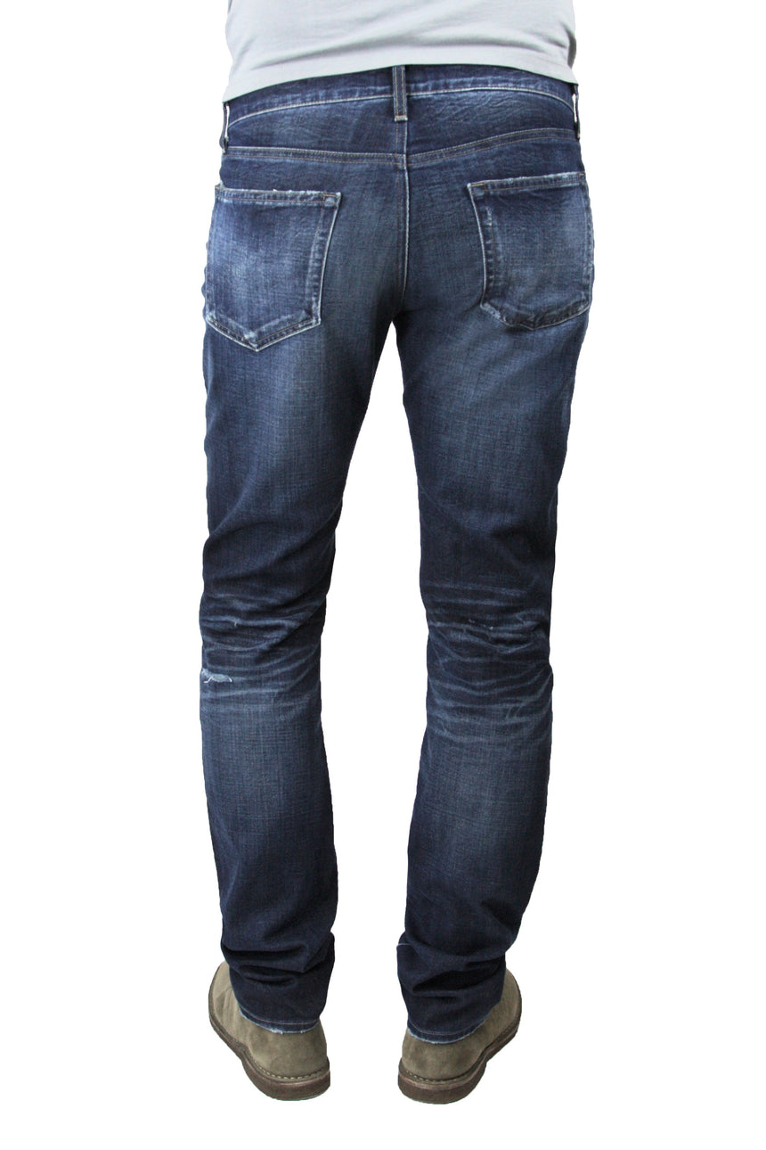 Back of S.M.N Studio's Bond in Anson Jeans - Men's slim straight dark indigo washed jeans with contrast fading and made in soft and lightweight comfort stretch sustainable Italian denim