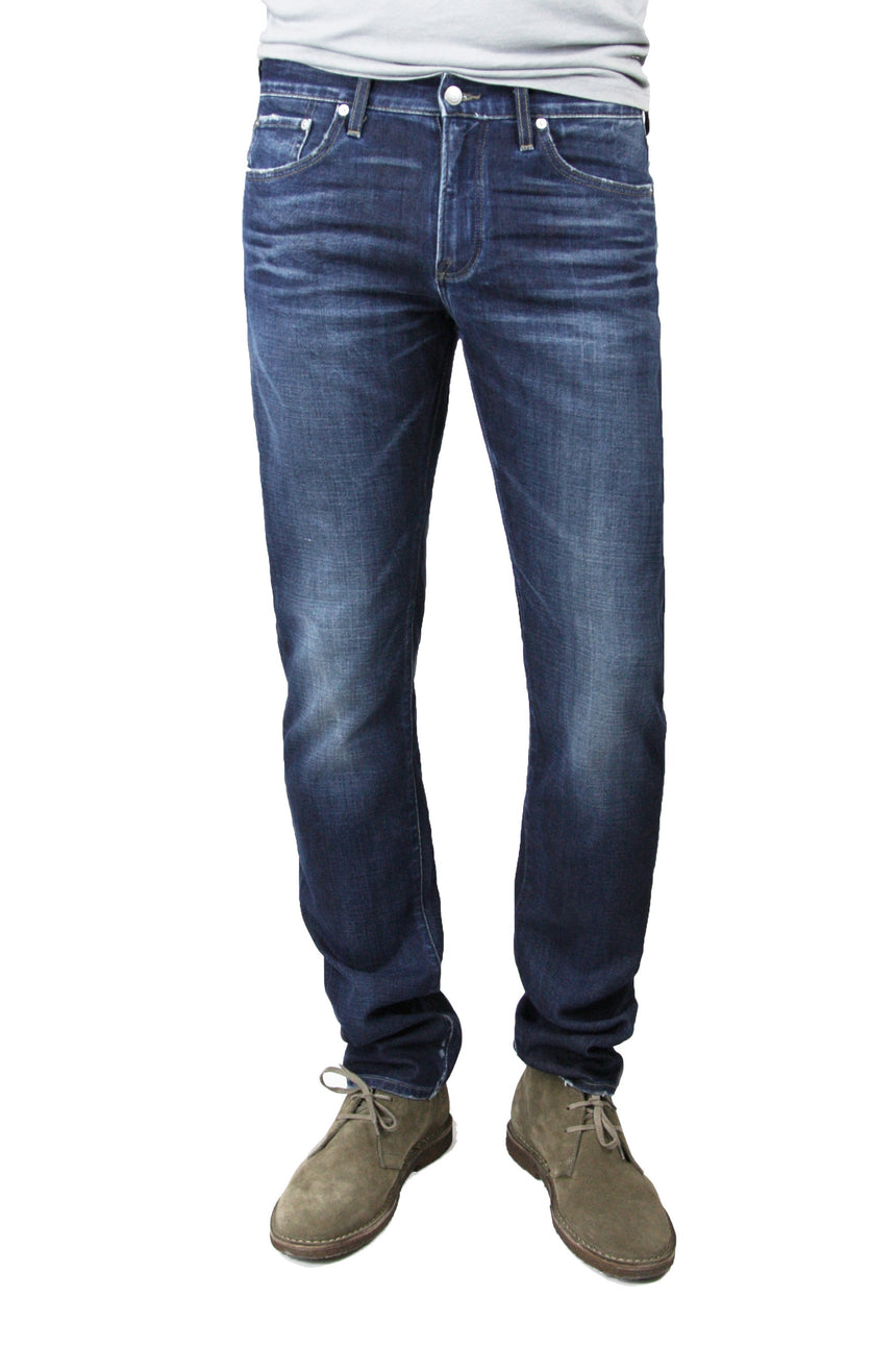 S.M.N Studio's Bond in Anson Jeans - Men's slim straight dark indigo washed jeans with contrast fading and made in soft and lightweight comfort stretch sustainable Italian denim