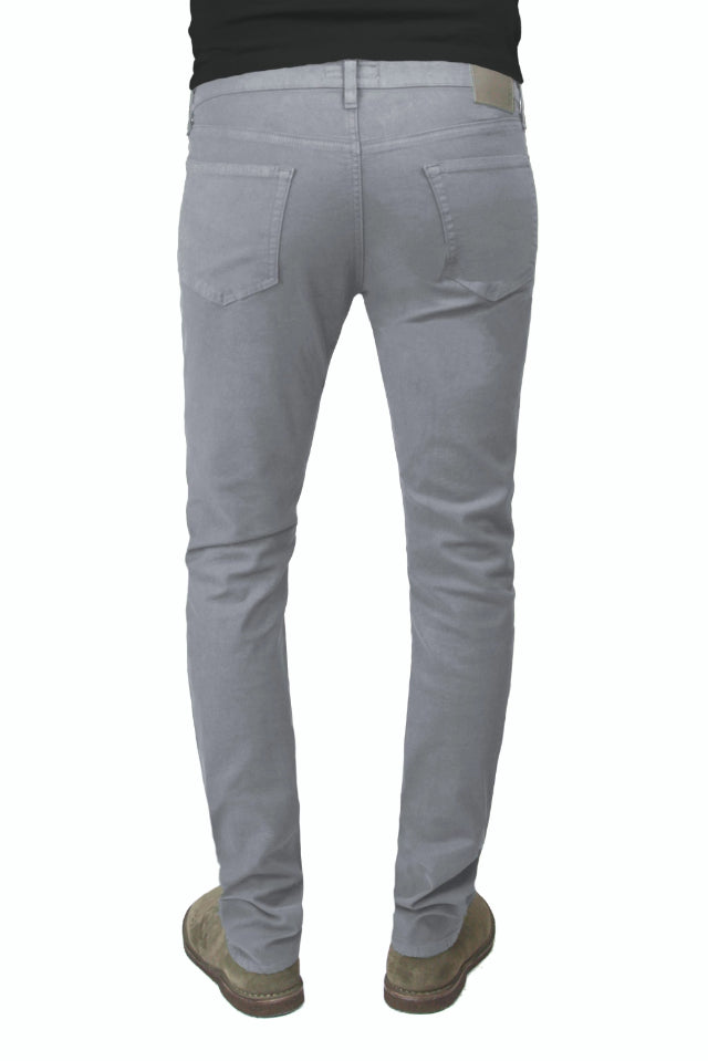 Back of S.M.N Studio's Finn in Moonstone Men's Twill Jeans - Tapered slim comfort stretch twill pants in a grey color 