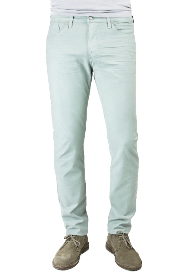 S.M.N Studio's Hunter in Seafoam Men's Jeans. A standard slim stretch comfort twill pant in a mint color 