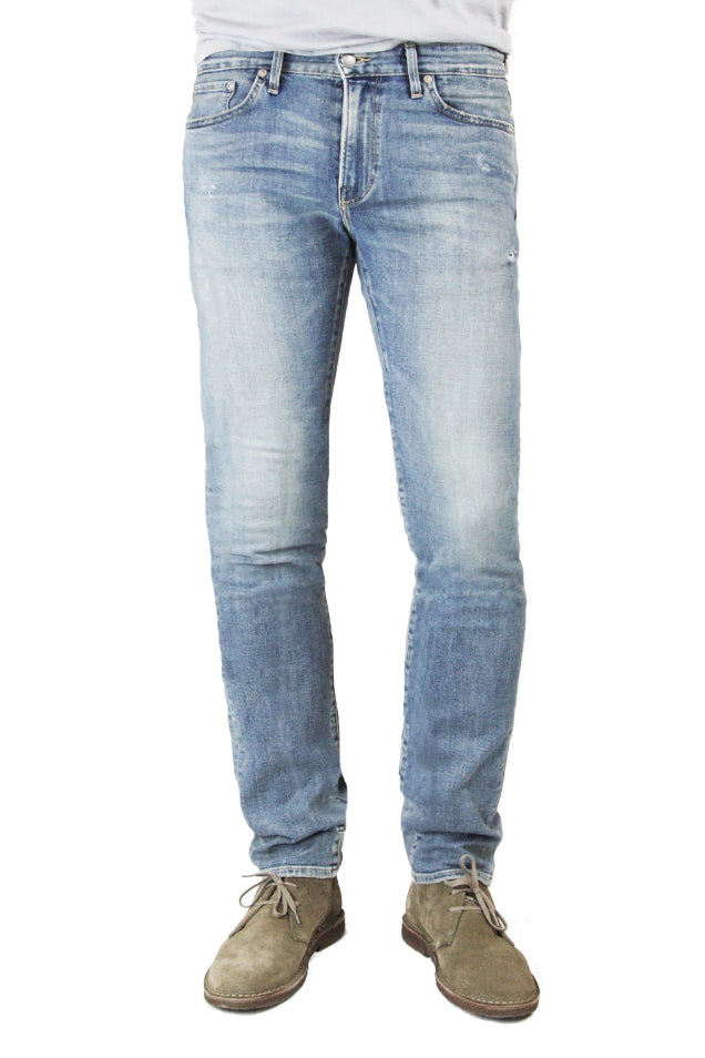 S.M.N Studios' Hunter in Sunset Men's Jeans. A slim fit denim made in a comfortable stretch fabric and a light vintage denim wash