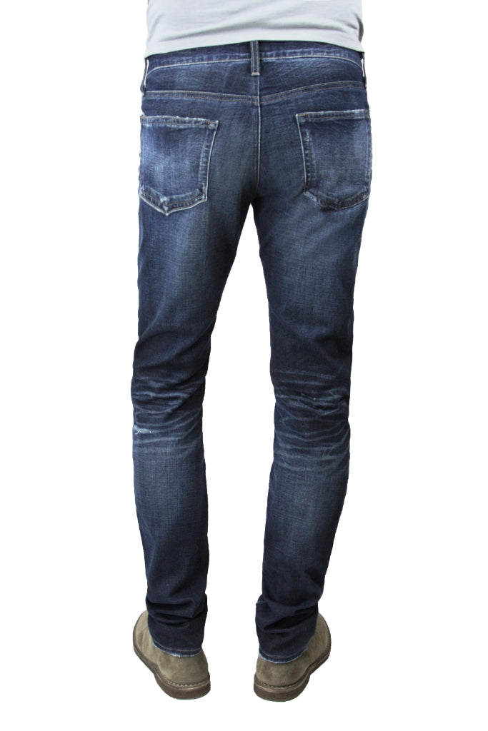 Back of S.M.N Studio's Hunter in Anson Men's Jeans - Slim fit Dark indigo wash with strong contrasting fades and 3D whiskering