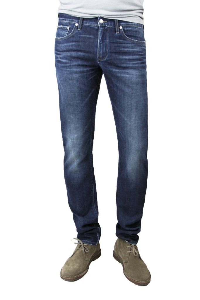 S.M.N Studio's Hunter in Anson Men's Jeans - Slim fit Dark indigo wash with strong contrasting fades and 3D whiskering