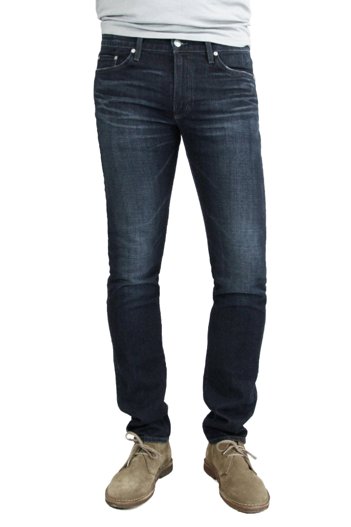 S.M.N Studio's Hunter in Cobalt Men's Jeans - Slim dark indigo wash jean contrasted with fading and 3D whiskering for a worn-in look and made in a comfort stretch denim