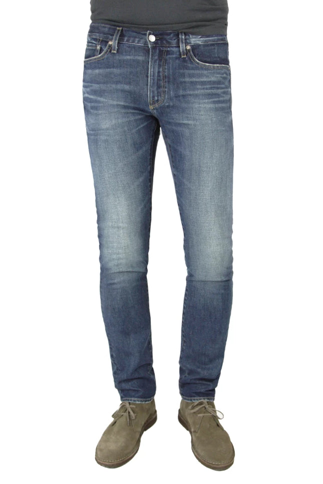 S.M.N Studio's Hunter in Port Men's Jeans - Slim fit jean in a rugged vintage dark denim wash accented with 3d whiskering 