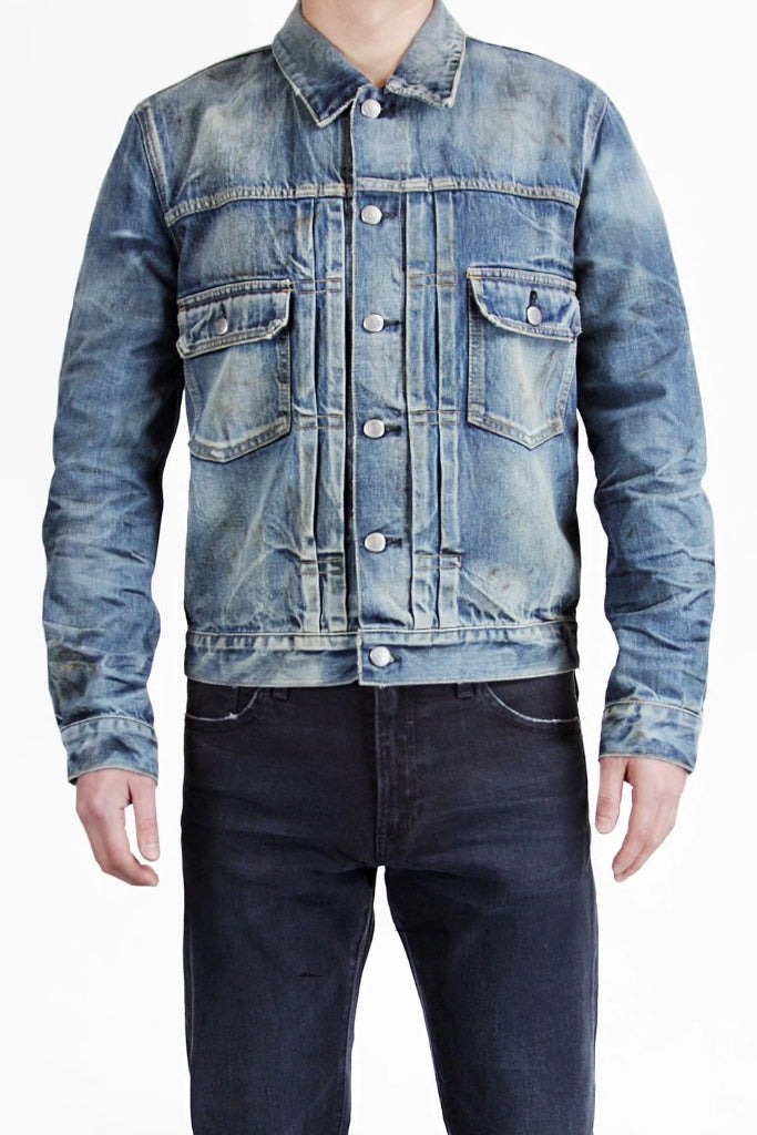 S.M.N Studio's Men's Trucker Jacket in Morrison - Vintage workwear inspired jean jacket made in pure 100% cotton selvedge and vintage look is complemented with fading and oil/dirt splatters