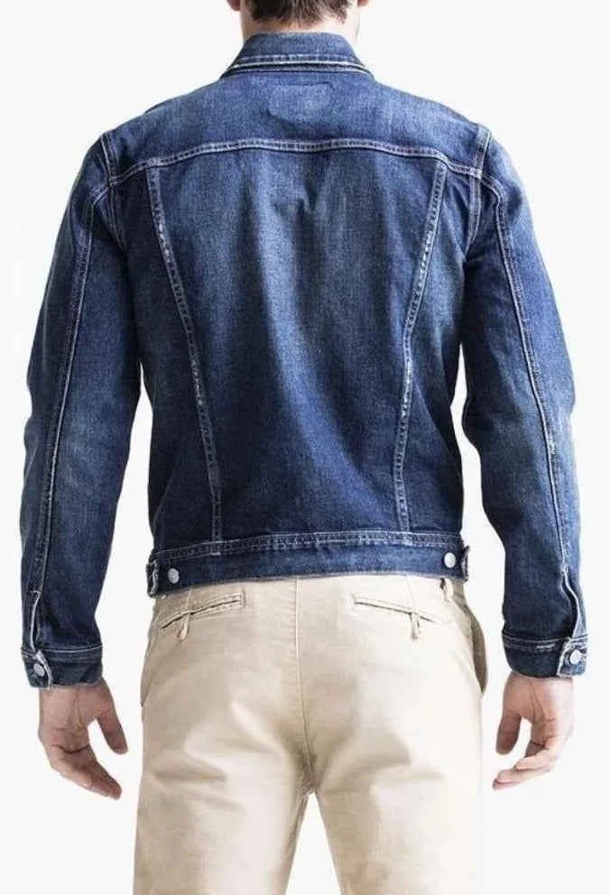 Back of S.M.N Studio's Gene Classic Jacket in Mason - Men's dark blue wash  premium Japanese denim jacket fall indigo 