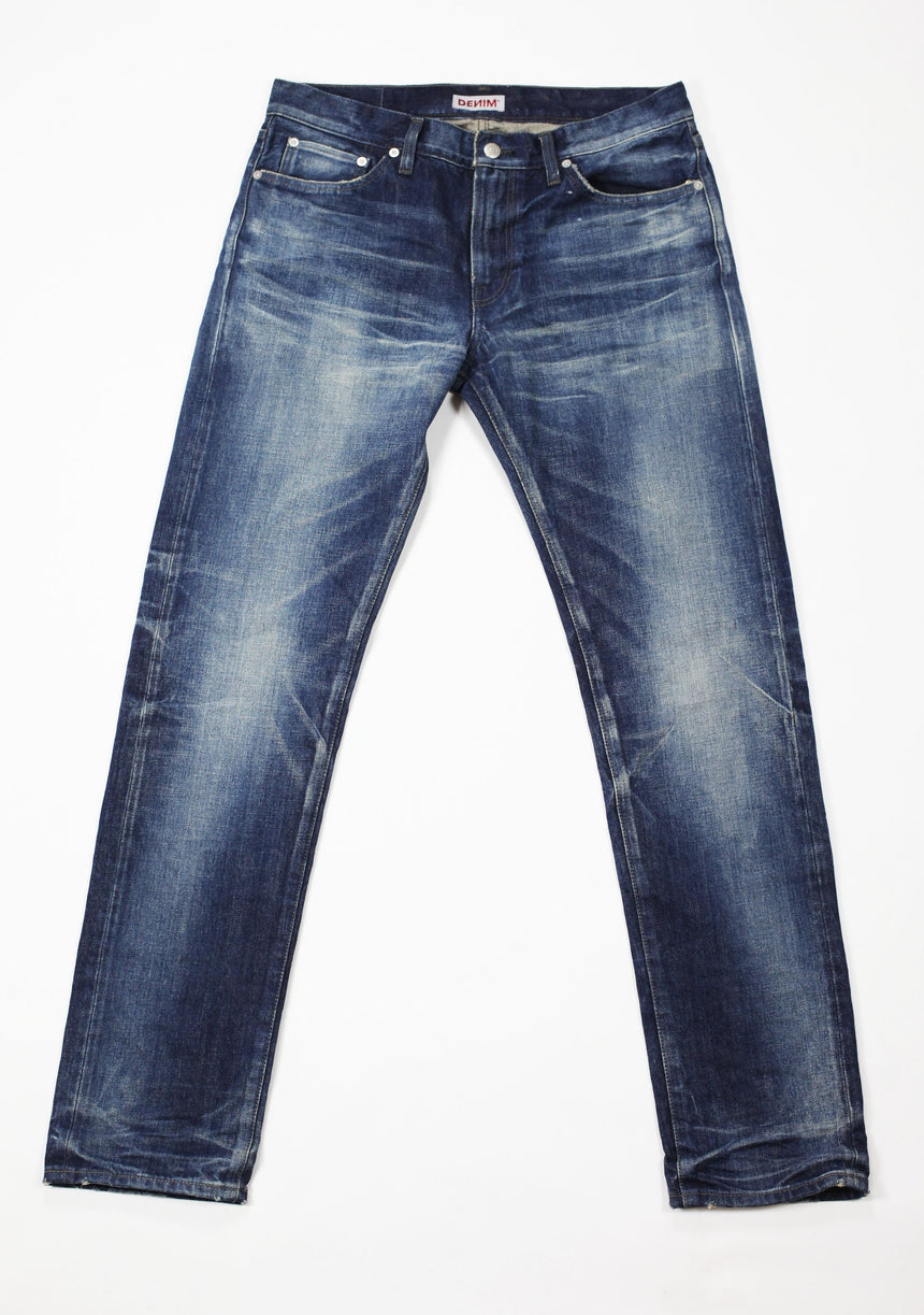 Flat image of S.M.N Studio's Mercer in Rockford Men's Jeans - Slim Fit Dark Indigo vintage wash inspired men's jeans made in 100% Japanese cotton selvedge denim and natural fading
