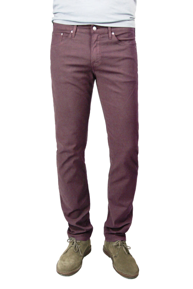 S.M.N Studio's Hunter in Maroon Men's Twill Pants - A slim fit comfort stretch twill pant in a darker maroon color 