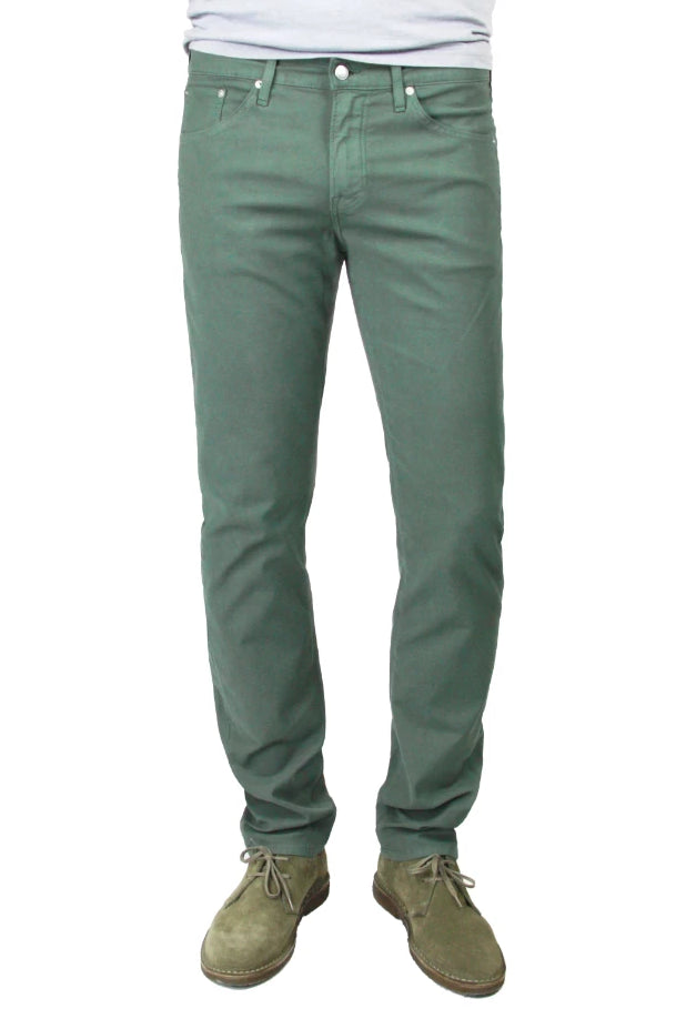 S.M.N Studio's Hunter in Thyme Men's Twill Jeans. A slim comfort stretch twill pant in a muted green color 