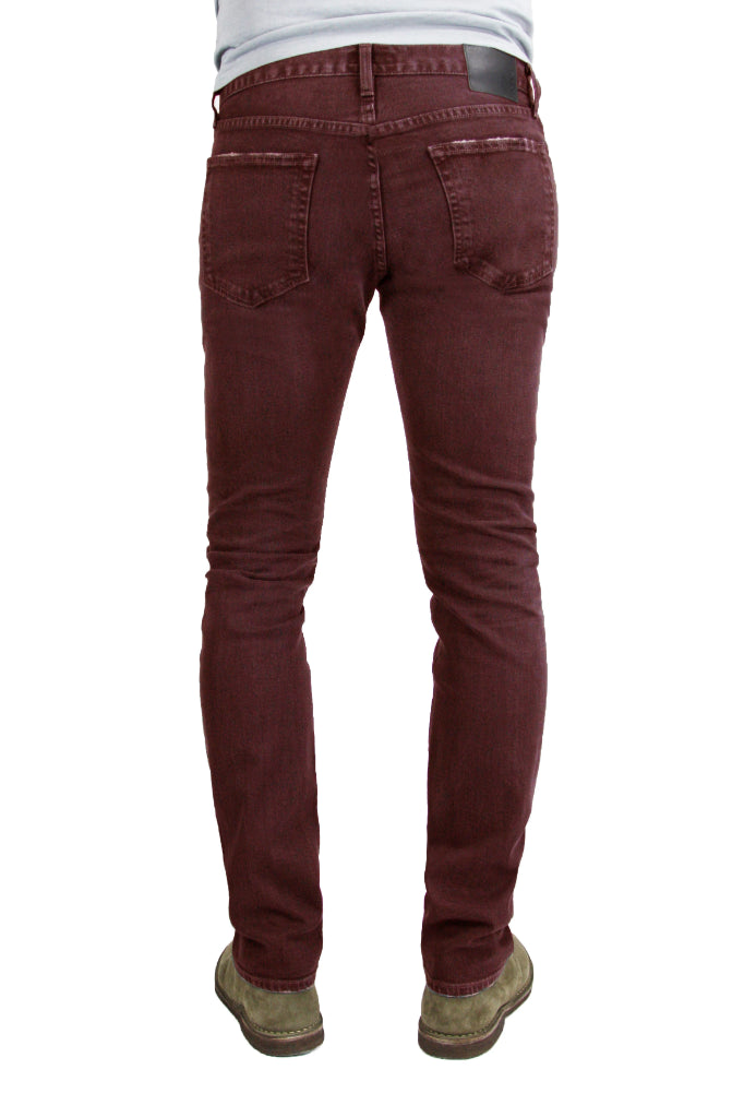 Back of S.M.N Studio's Finn in Burgundy Men's Jeans - Tapered slim fit jean made in a premium comfort stretch Japanese denim and overdyed in a deep burgundy