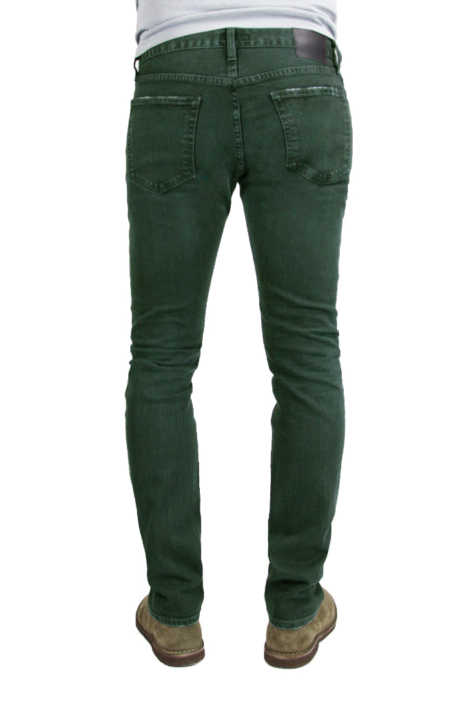 Back of S.M.N Studio's Finn in Forest Men's Jeans - A tapered slim fit men's jean dyed in a forest green and made in premium stretch Japanese denim for slight contrast fades and whiskering for a lightly worn-in look